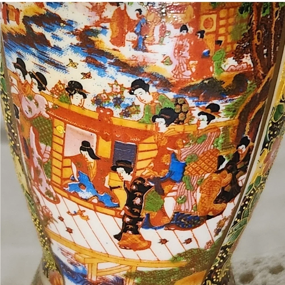 Vintage Satsuma Style Handled Porcelain Vase Palanquin Procession